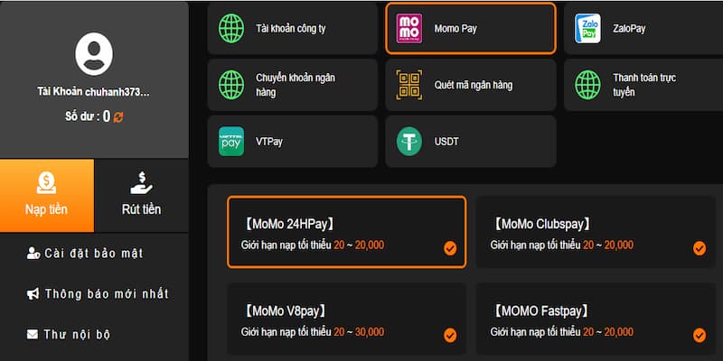 Hình thức nạp qua ví điện tử Momo 